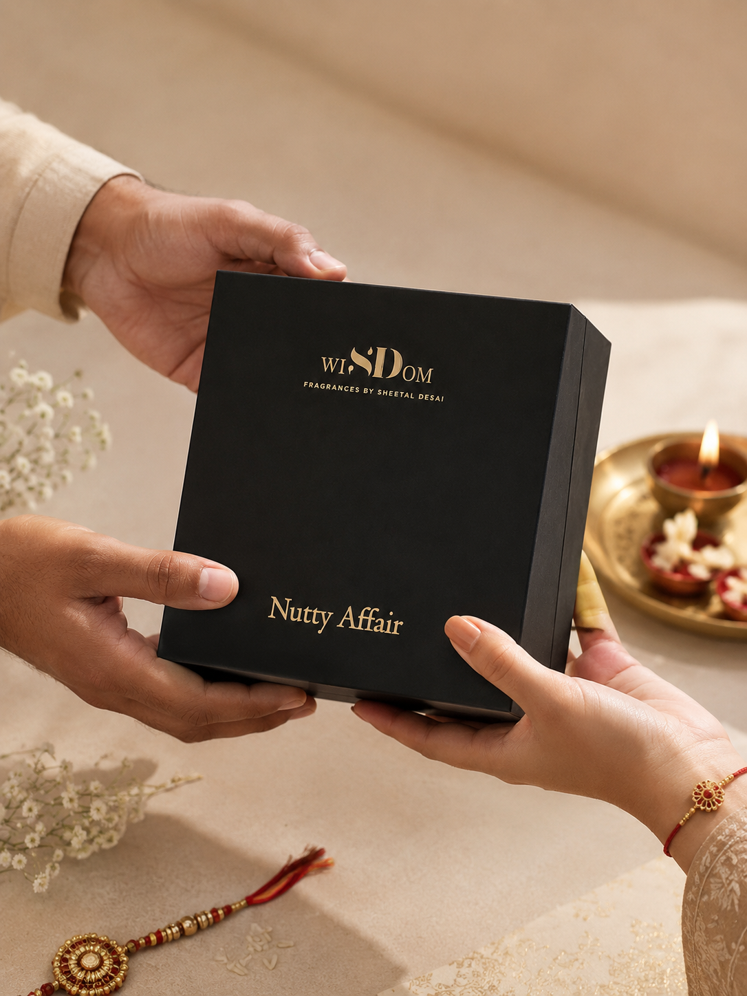 A black gift box with gold lettering reading 'wisdom' and 'Nutty Affair' is being held by multiple hands in a warm, festive setting with a lit diya in the background. Rakhi special collection